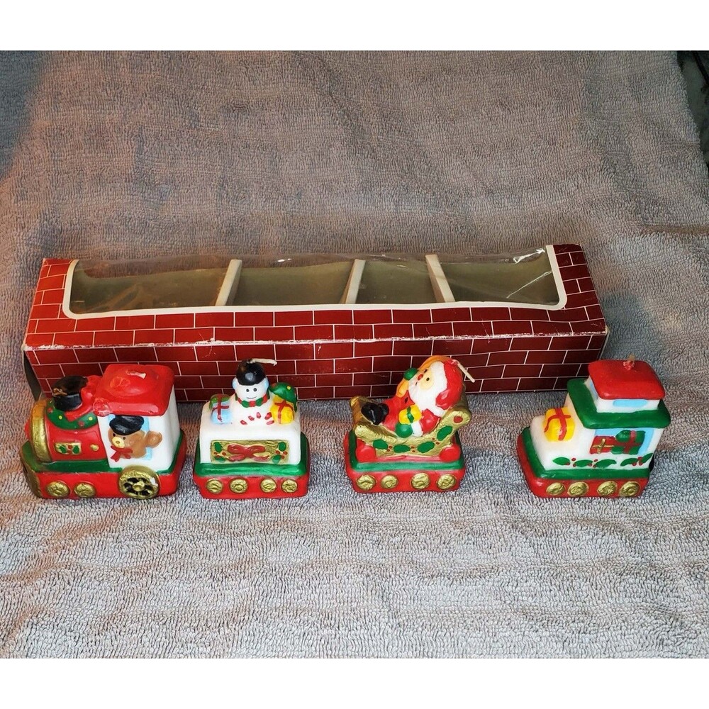 Vintage 4 Pc Christmas Candle Express Train Set w/ Santa Snowman In Brick Box